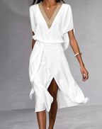 Midi-Kleid mit V-Ausschnitt und klassischem Schnitt für Damen | Ideal für formelle oder sommerliche Anlässe