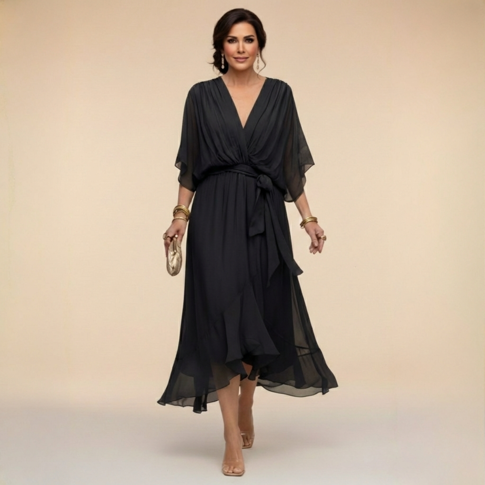 Fließendes Midikleid mit V-Ausschnitt