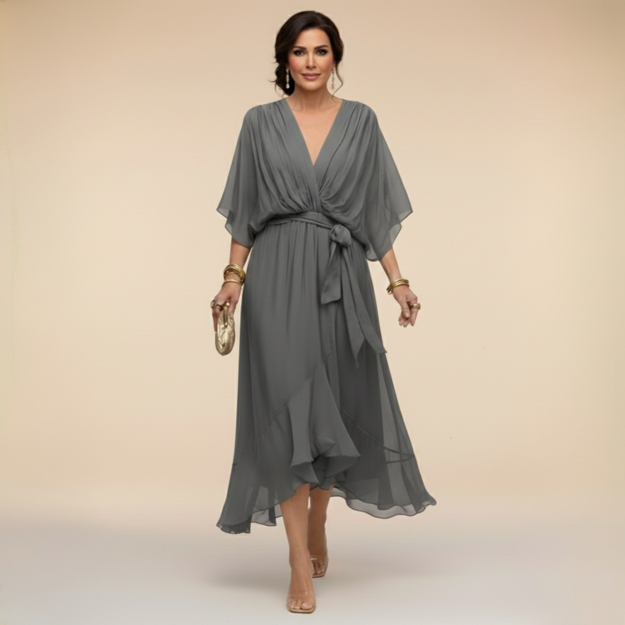 Fließendes Midikleid mit V-Ausschnitt