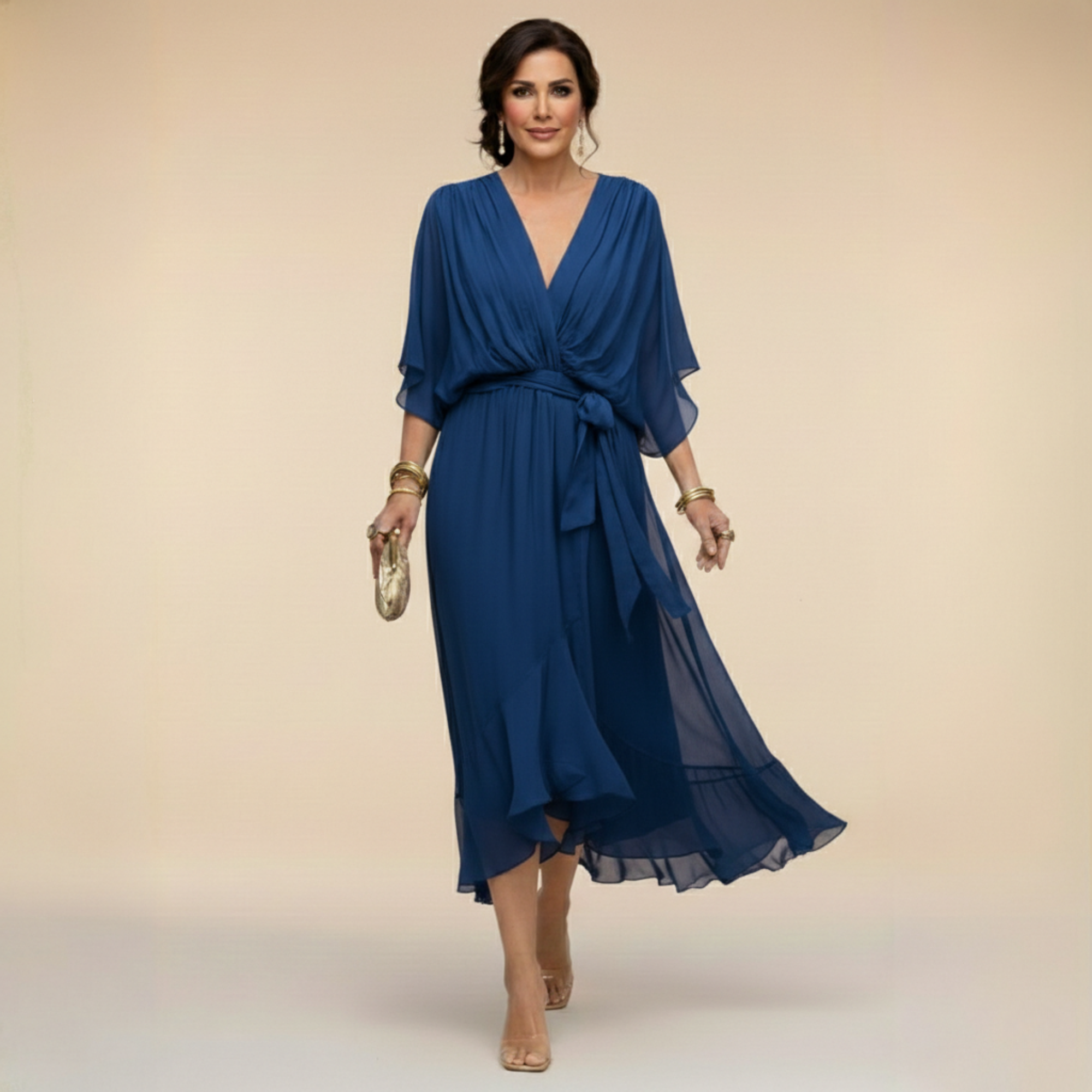 Fließendes Midikleid mit V-Ausschnitt