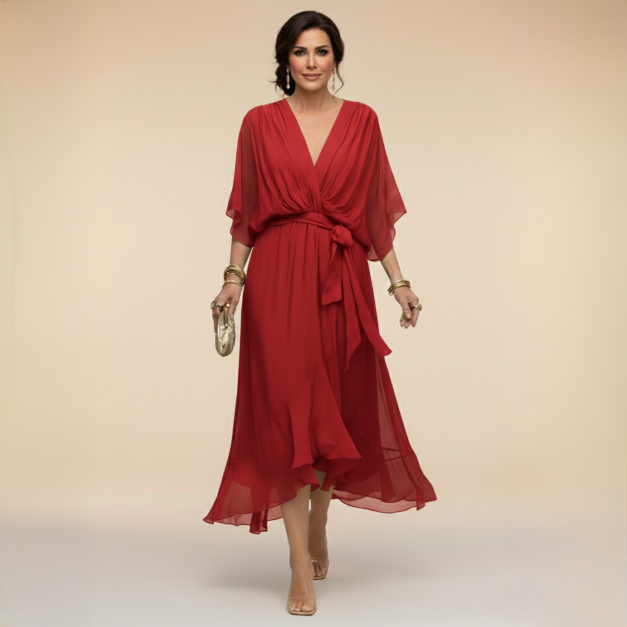 Fließendes Midikleid mit V-Ausschnitt