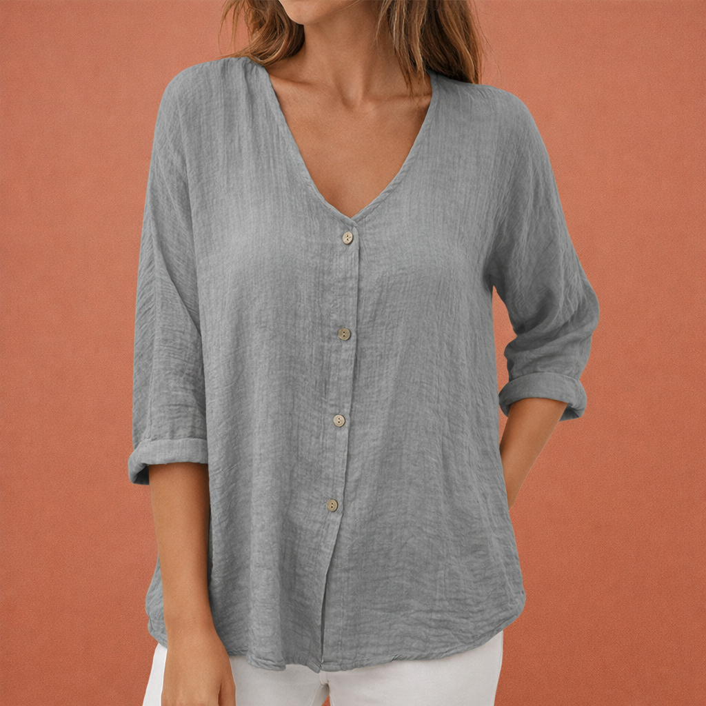 YLENA | V-Ausschnitt Damen T-Shirt mit Knopfverschluss und Dreiviertelärmeln
