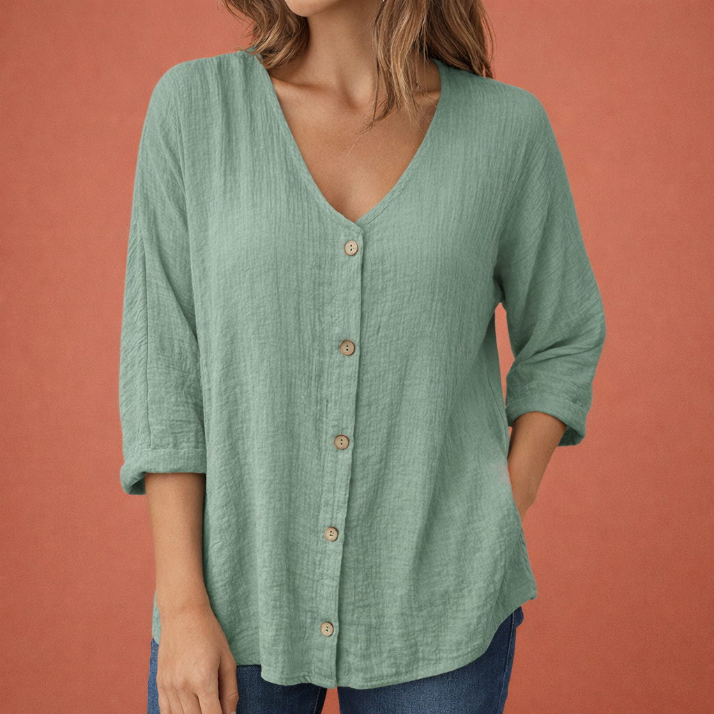 YLENA | V-Ausschnitt Damen T-Shirt mit Knopfverschluss und Dreiviertelärmeln