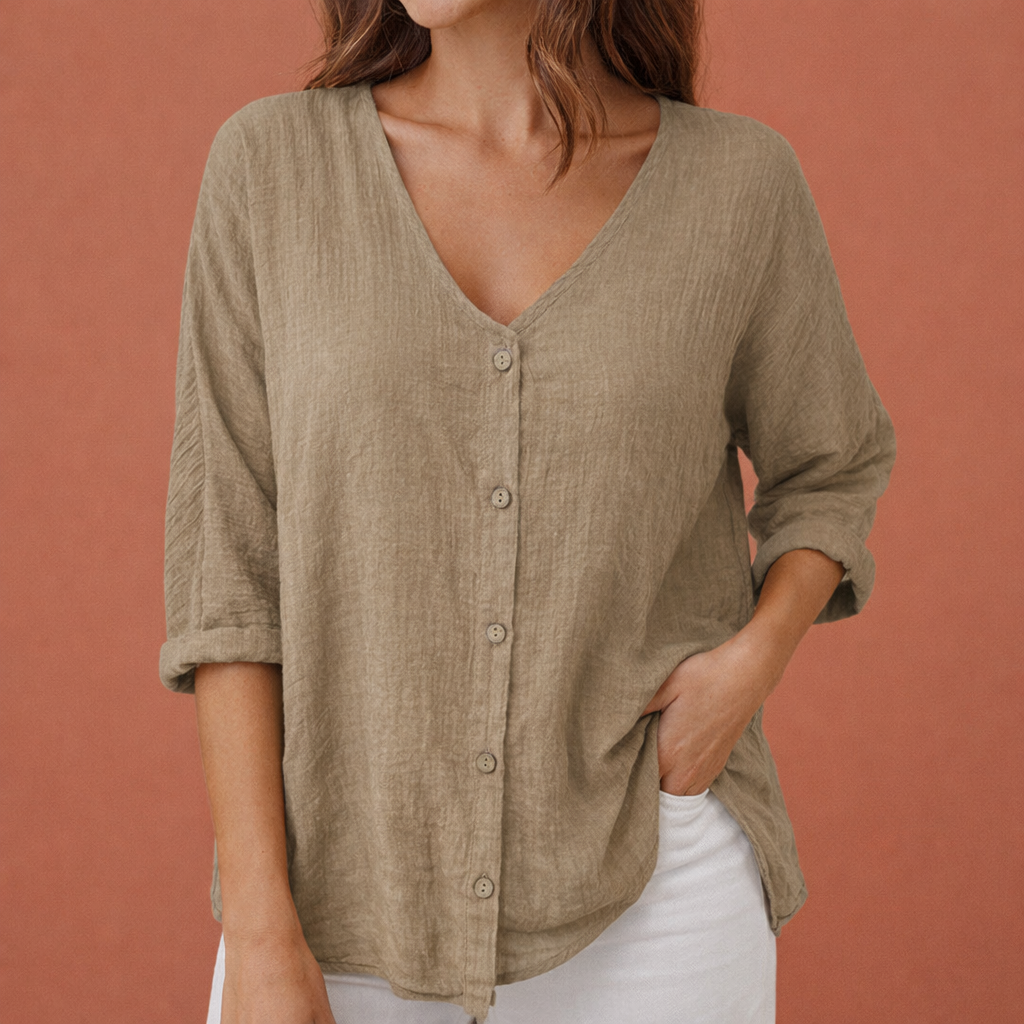 YLENA | V-Ausschnitt Damen T-Shirt mit Knopfverschluss und Dreiviertelärmeln