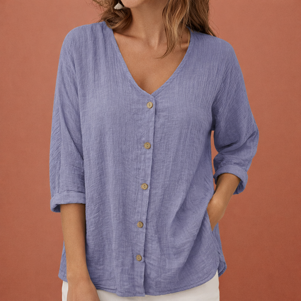 YLENA | V-Ausschnitt Damen T-Shirt mit Knopfverschluss und Dreiviertelärmeln